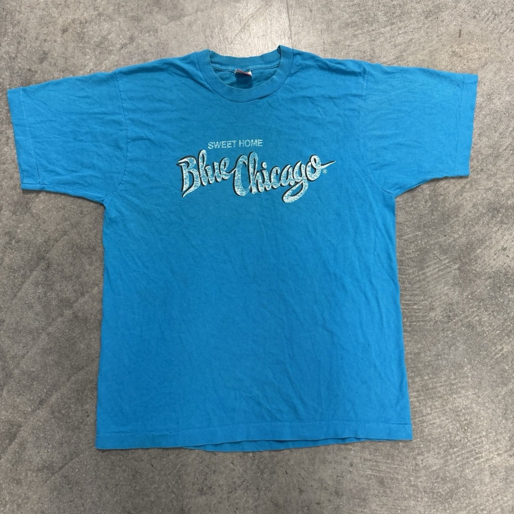 Vintage Blue Chicago Men's T-Shirt Short Sleeve Spellout Jazz Retro Tee Large